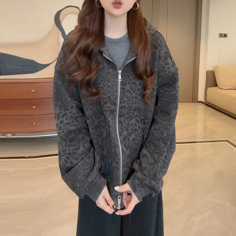 2025新款秋季美式时尚设计感宽松潮流百搭长袖连帽豹纹外套高级潮