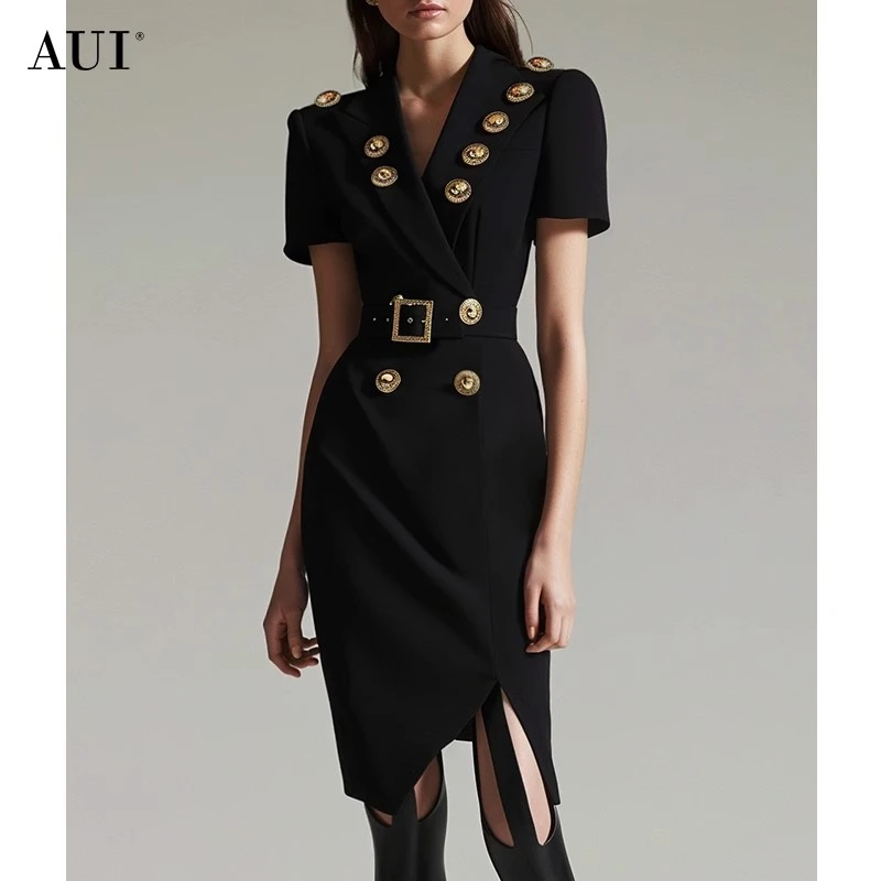【诗语专属】AUI黑色西装连衣裙设计感小众修身包臀裙-24W014752