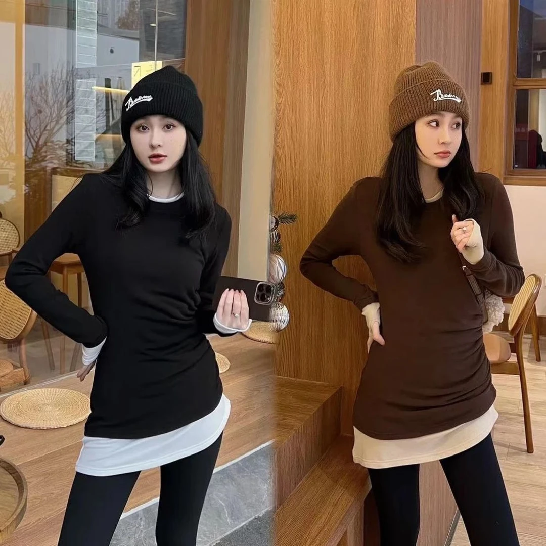 欧货不规则褶皱撞色假两件长袖T恤女2025春秋修身显瘦磨毛打底衫