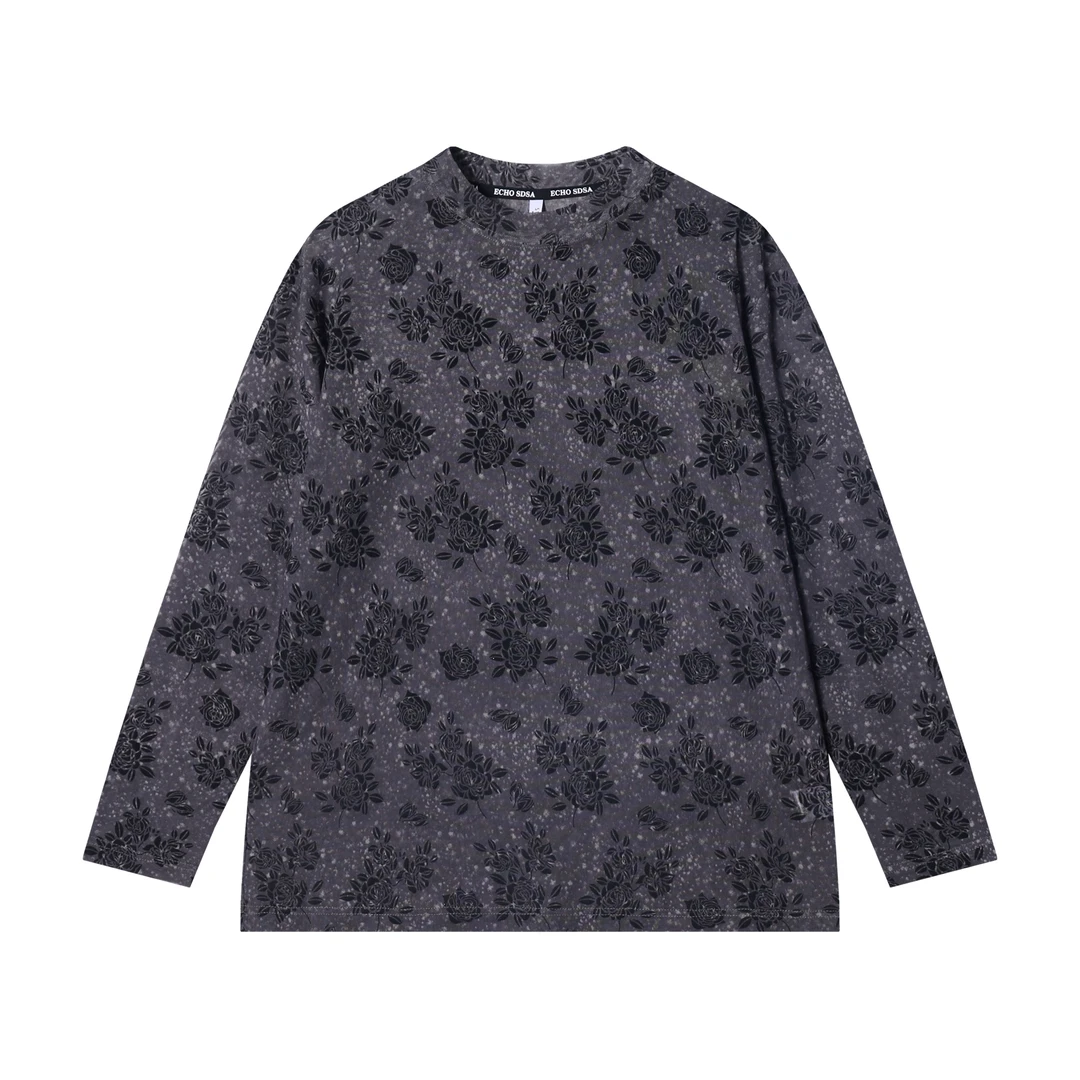 T2703高级感新款潮牌斑点花卉圆领长袖T恤时尚休闲印花套头上衣