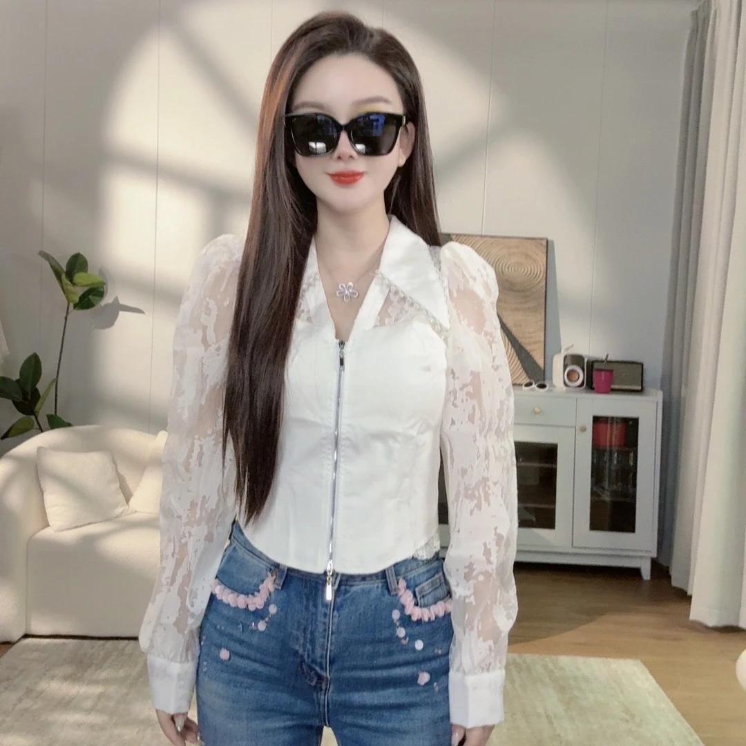 CW.MM 白色气质拉链款收腰显瘦上衣