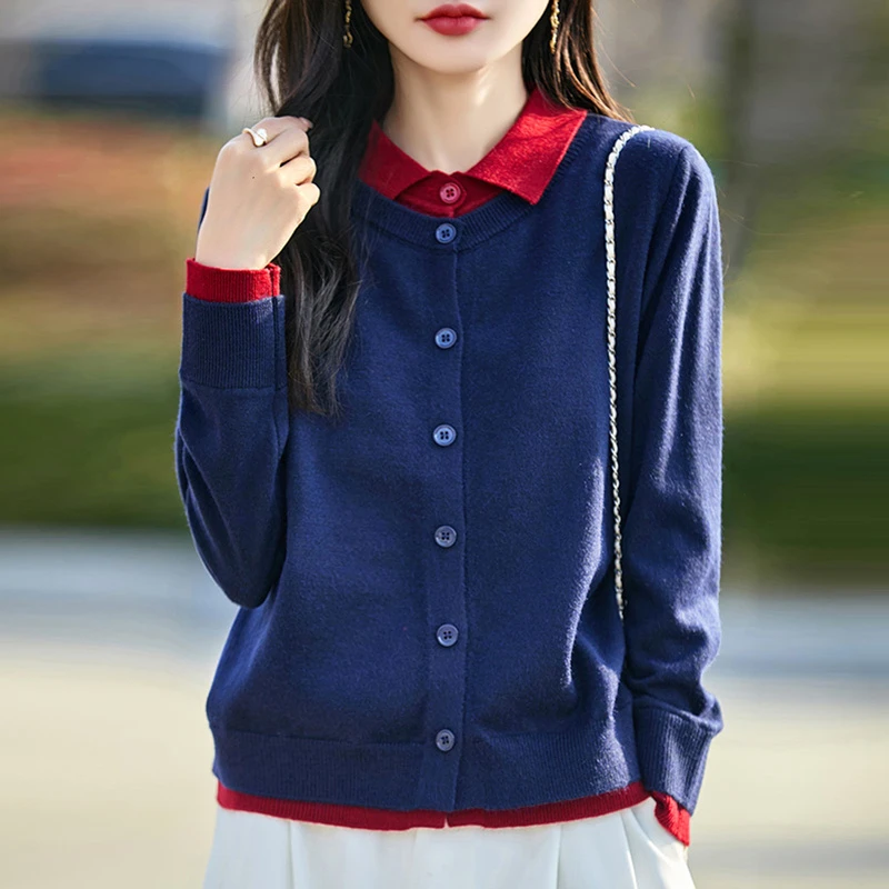 假两件娃娃领撞色打底开衫外套女2025新款春秋款外穿大码女装毛衣