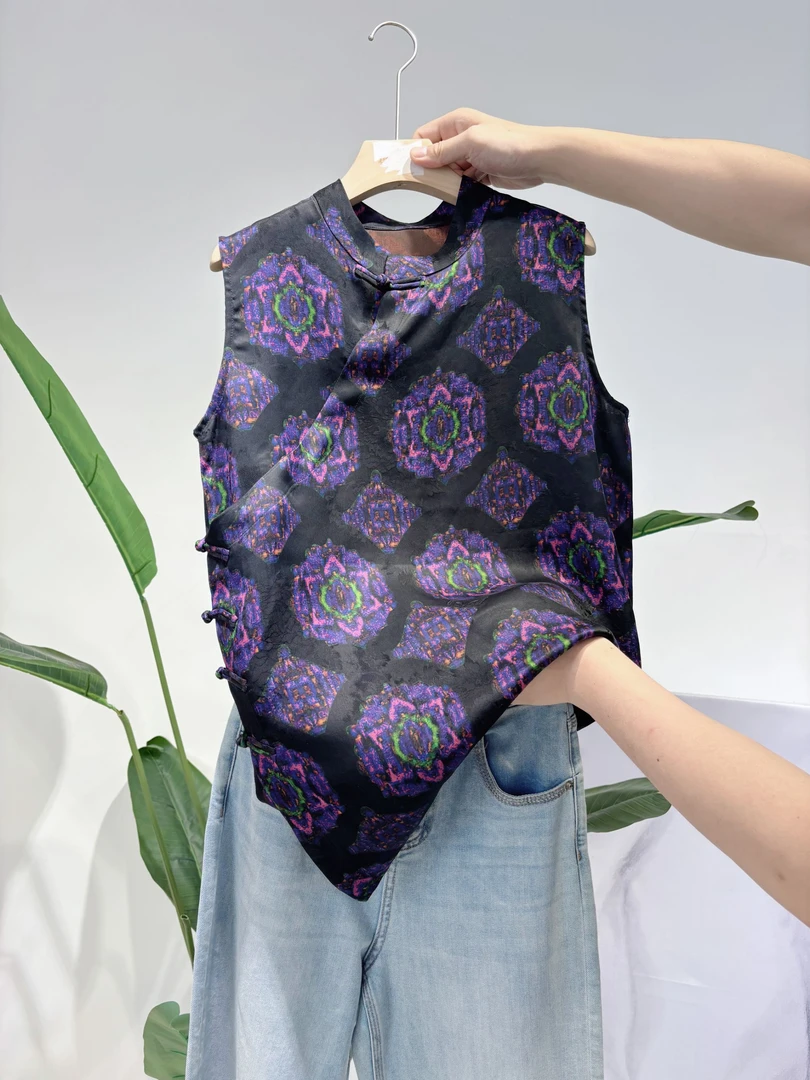 DY2565樱美嘉100桑蚕丝香云纱花萝夏季新中式立领叠穿奥黛上衣紫