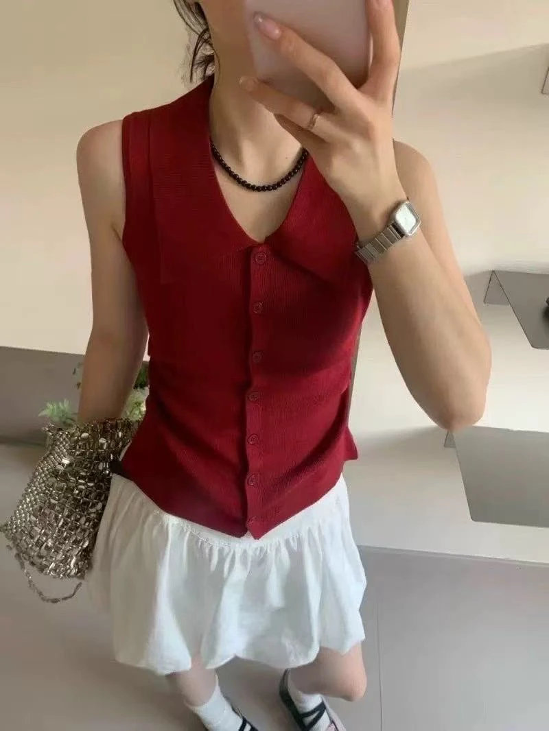 韩系polo领无袖针织背心遮副乳翻领打底衫别致修身外穿上衣4096