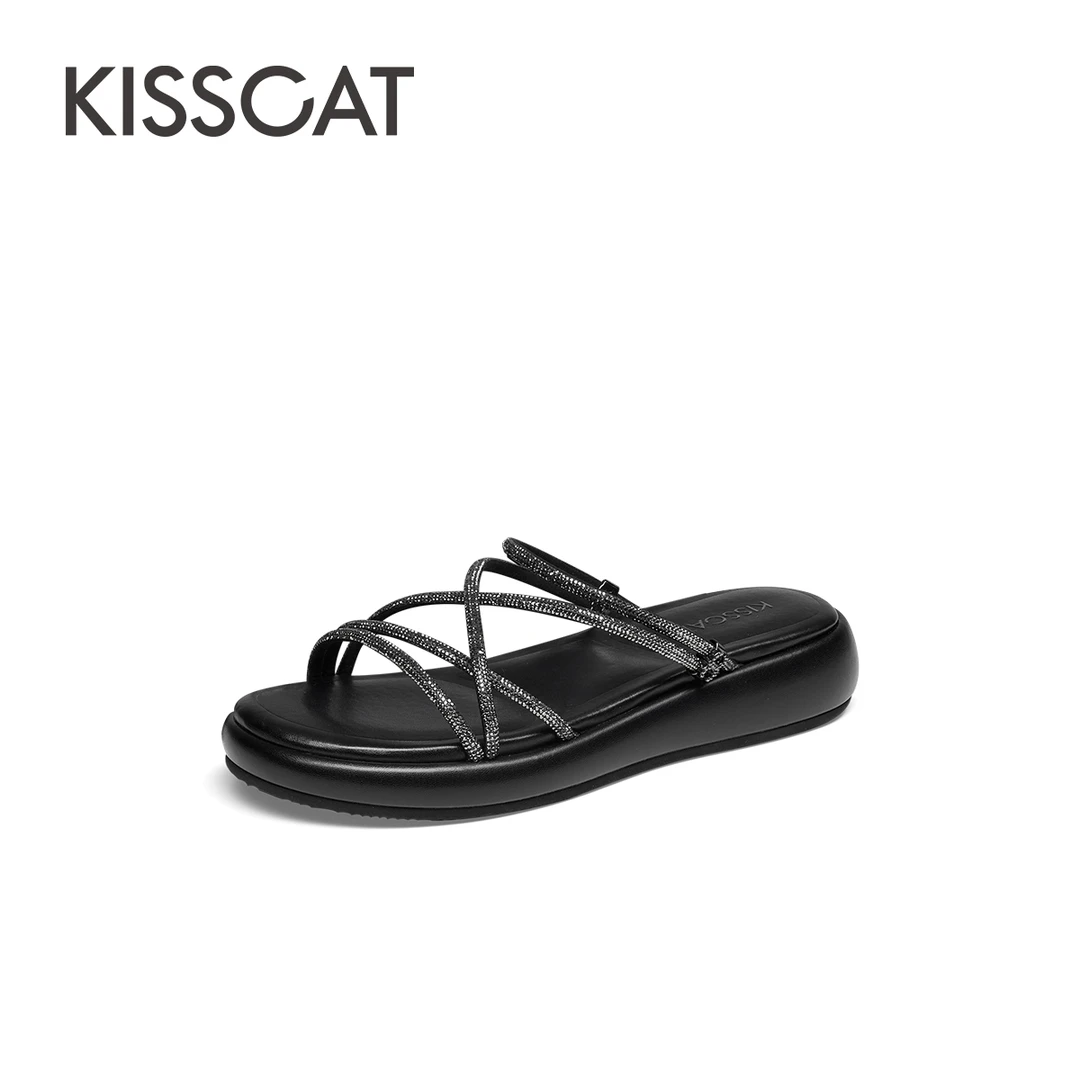 接吻猫新款厚底时尚露趾外穿鞋圆头一脚蹬休闲女款拖鞋KA54306-50