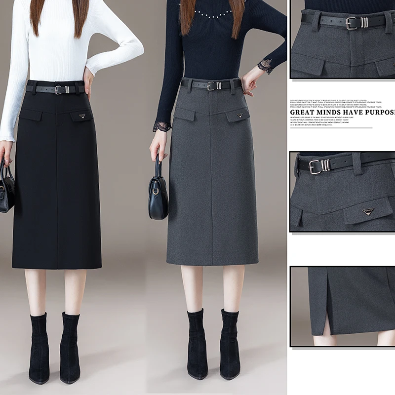 拉夏贝尔灰色羊毛呢包臀半身裙女2025新款开叉显瘦秋冬气质直筒裙