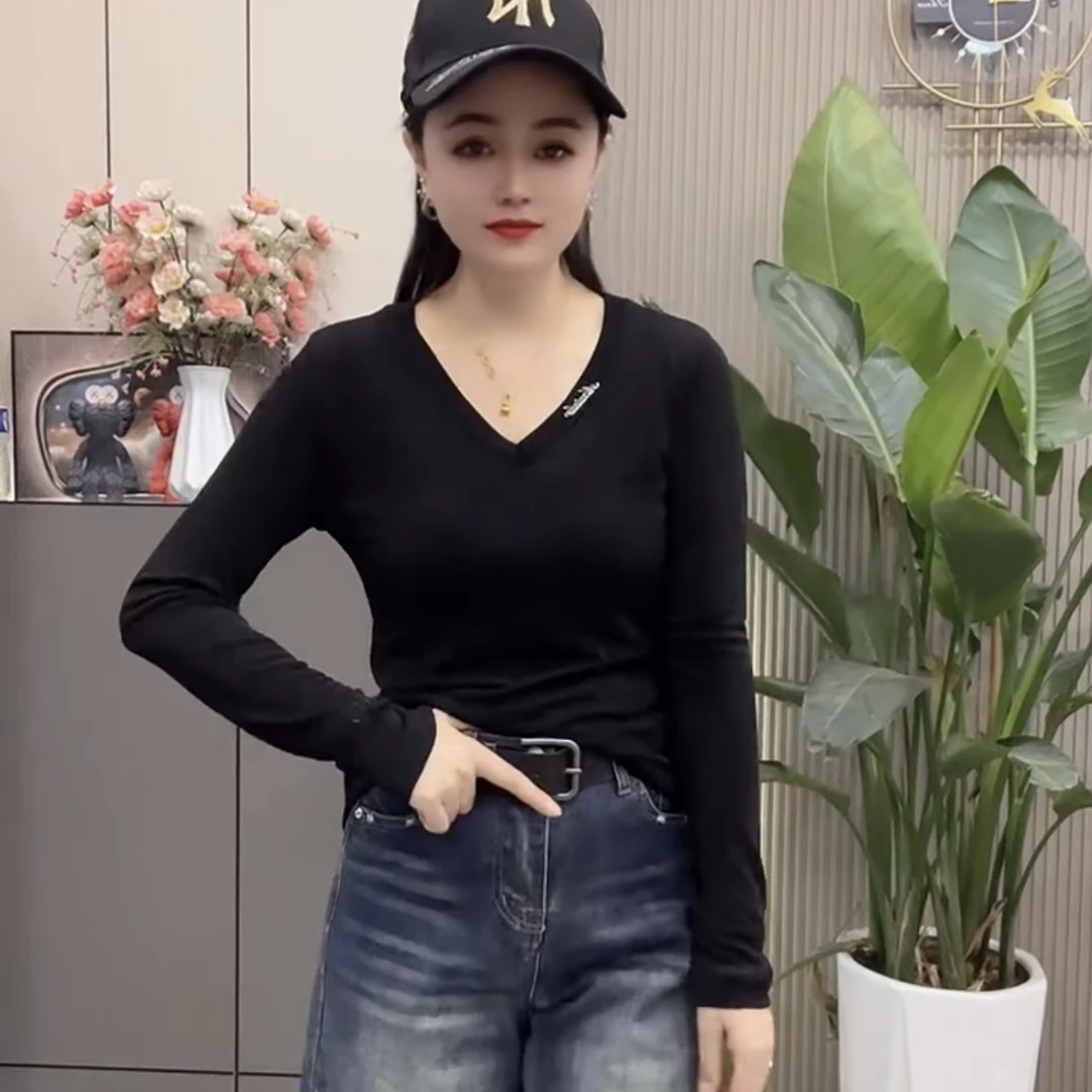 蝴蝶美背重工百搭显瘦上衣有弹力V领气质长袖打底衫春秋款修身T恤