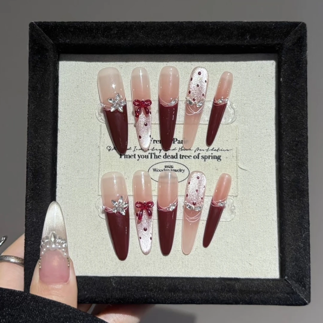 新年猫眼法式红色美甲气质波点高级显白爆闪手工穿戴甲