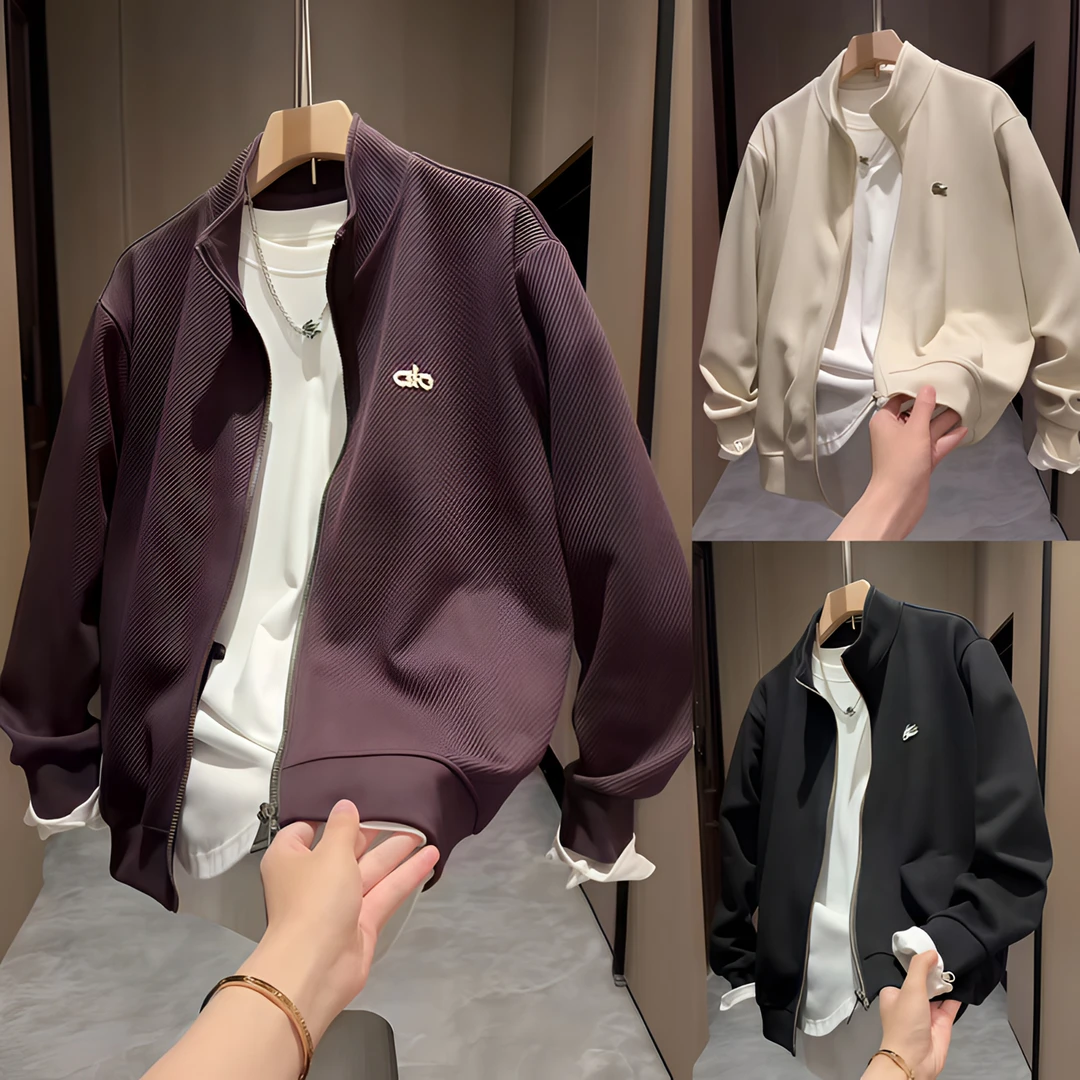 春秋新款潮牌肌理感休闲立领夹克男简约时尚百搭舒适透气上衣外套