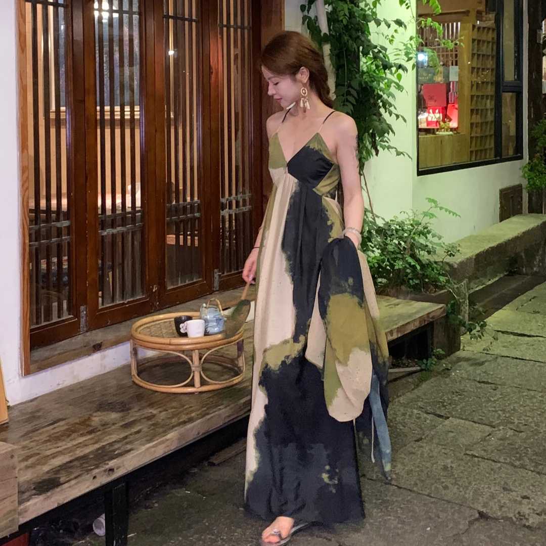 崔与熙/cuixi【桥下春波】复古吊带裙绿色扎染印花v显瘦气质连衣裙