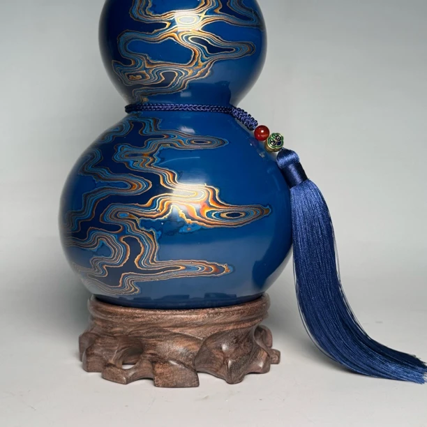非遗大漆葫芦蓝金云纹漆器葫芦摆件無漆不器手作文玩摆件