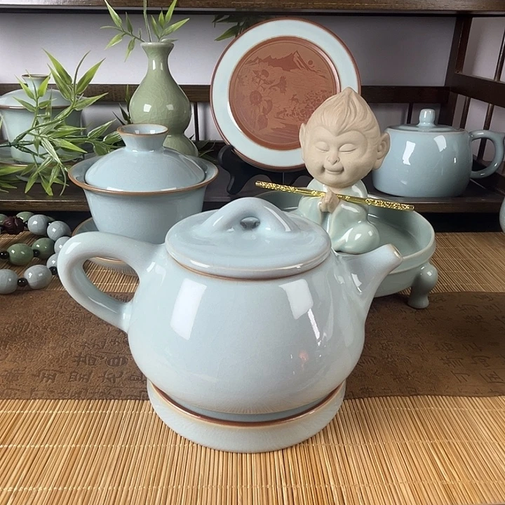 瓷摆件微瑕天青石瓢壶倒烧满釉