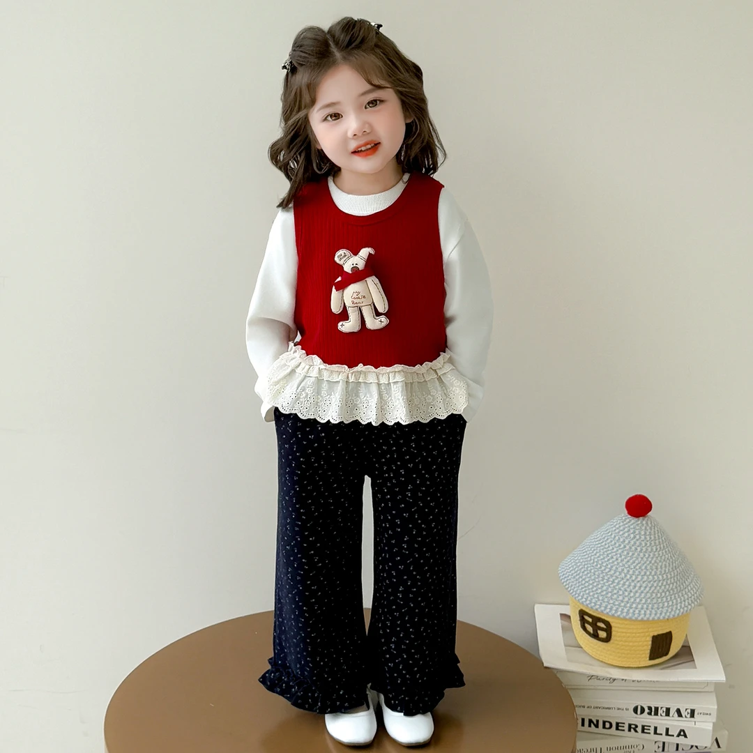 女童甜美套装春秋小童新款洋气宝宝马甲背心秋装女孩阔腿裤三件套