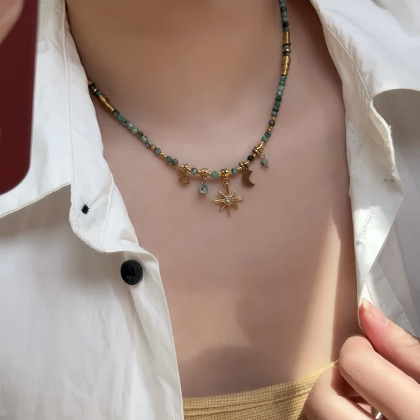 钛钢吊坠 【森屿】复古太阳花吊坠欧美风串珠项链百搭叠戴锁骨链D20