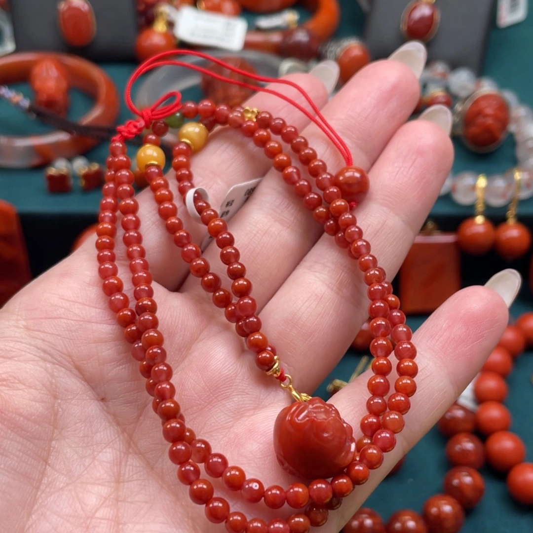 南红玛瑙银S925镶嵌川料南红DIY多圈项链3mm