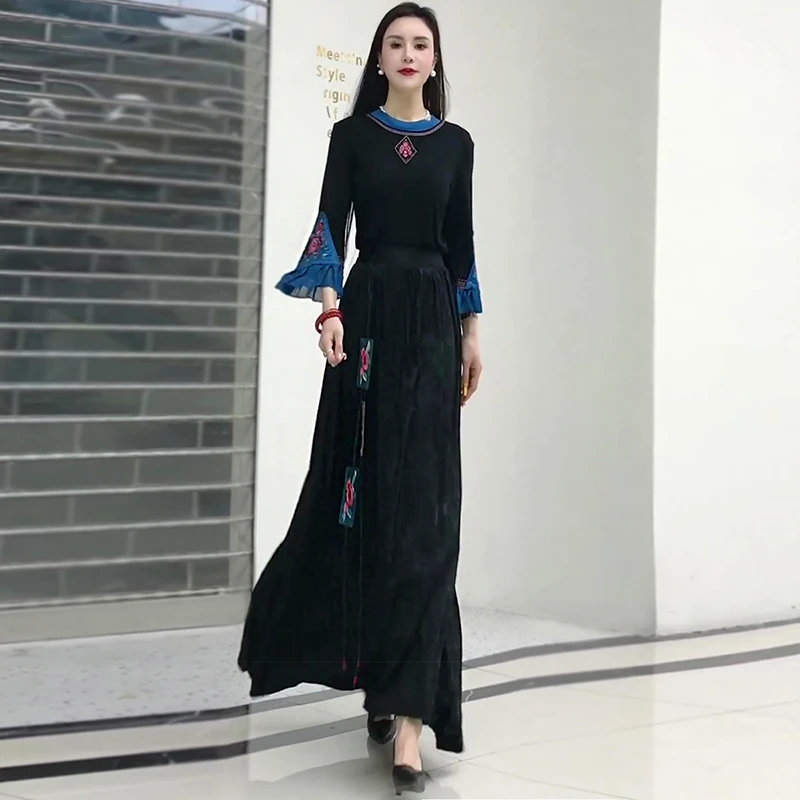 春季新中式七分袖T恤舞台纱袖上衣小衫半身裙a字长裙森女两件套装