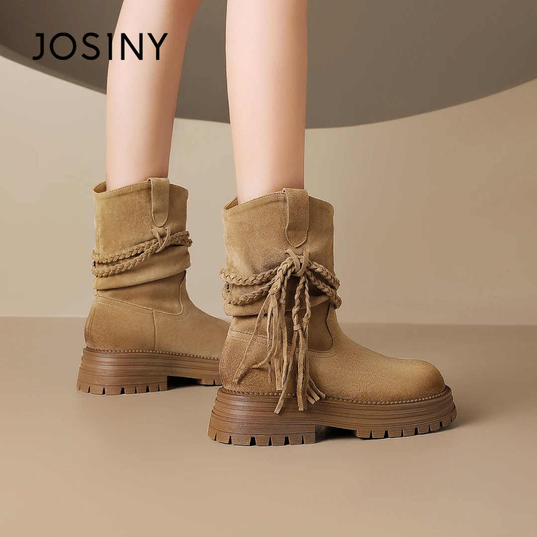 卓诗尼厚底西部靴女2025秋冬新款废土风复古流苏短靴棕色中筒靴子