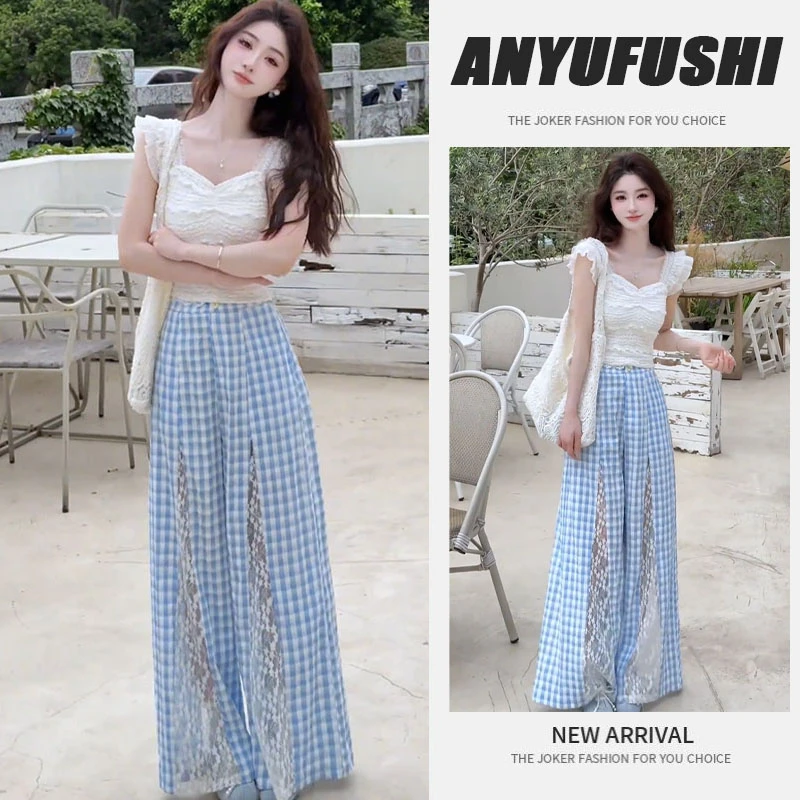夏季搭配一整套2025新款时尚气质减龄无袖上衣蕾丝格子裤两件套装