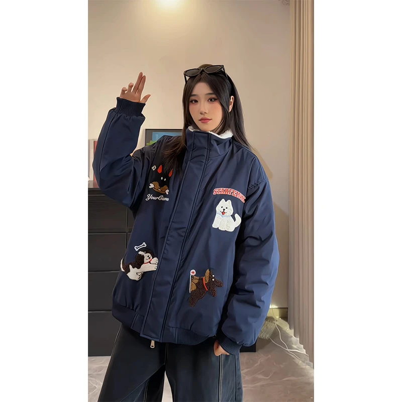 卡通毛巾绣棉服男女冬季加绒加厚保暖夹克棉衣设计感立领棉袄外套