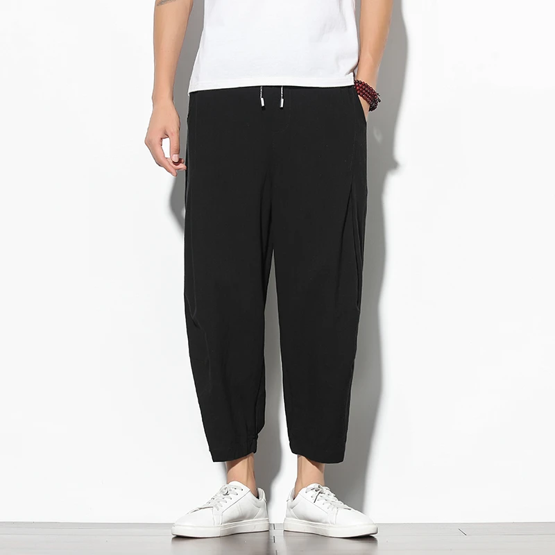 老爹萝卜裤男士夏季薄款日系锥形九分裤胖子大码潮牌痞帅哈伦裤子