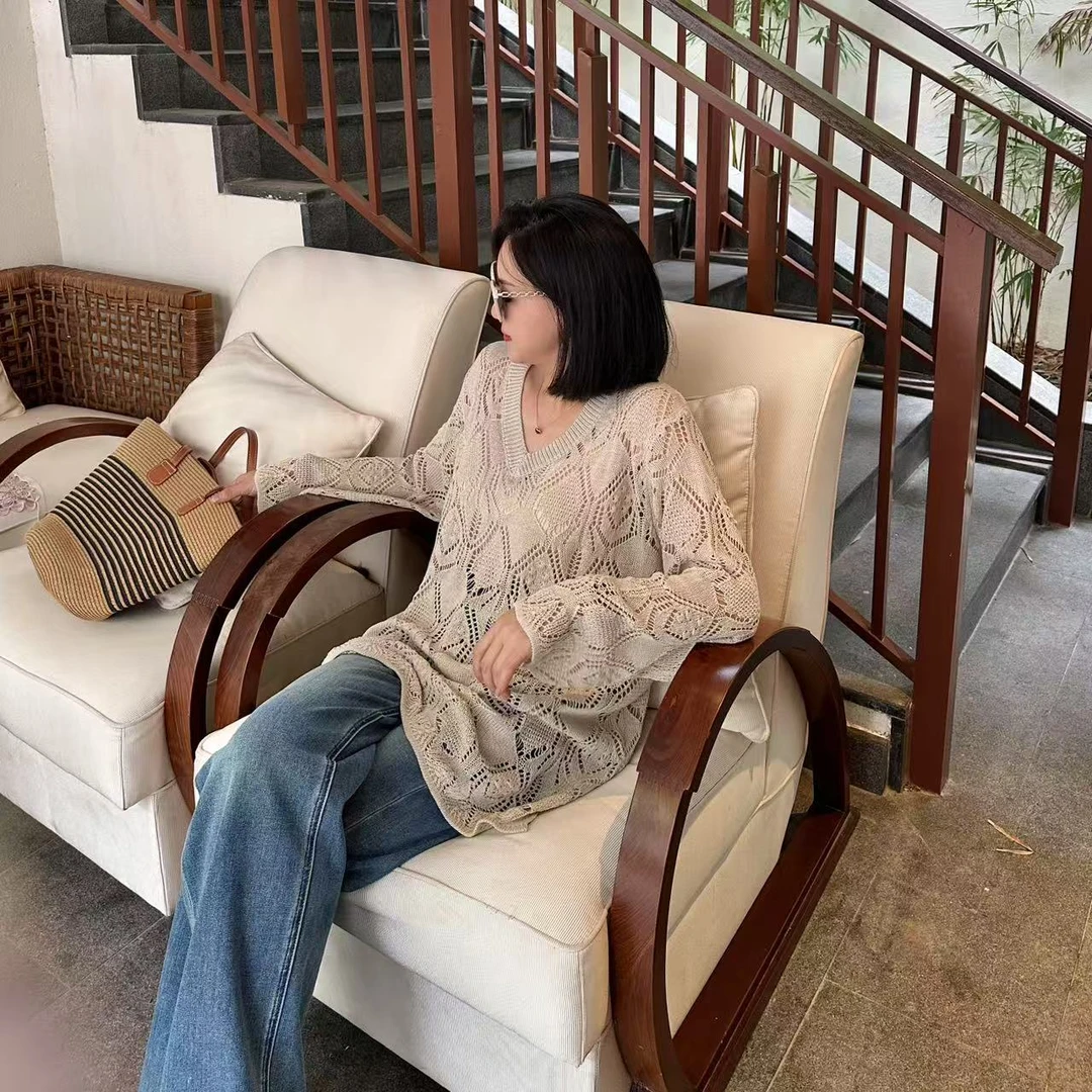 春季钩针菱格设计套头镂空长袖针织衫5-3-5