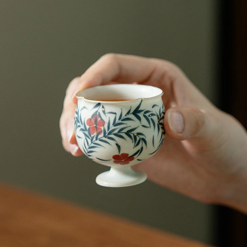 陶瓷糯米釉纯手绘花锦叶丛高足花苞杯家用主人杯女士中式精致茶杯