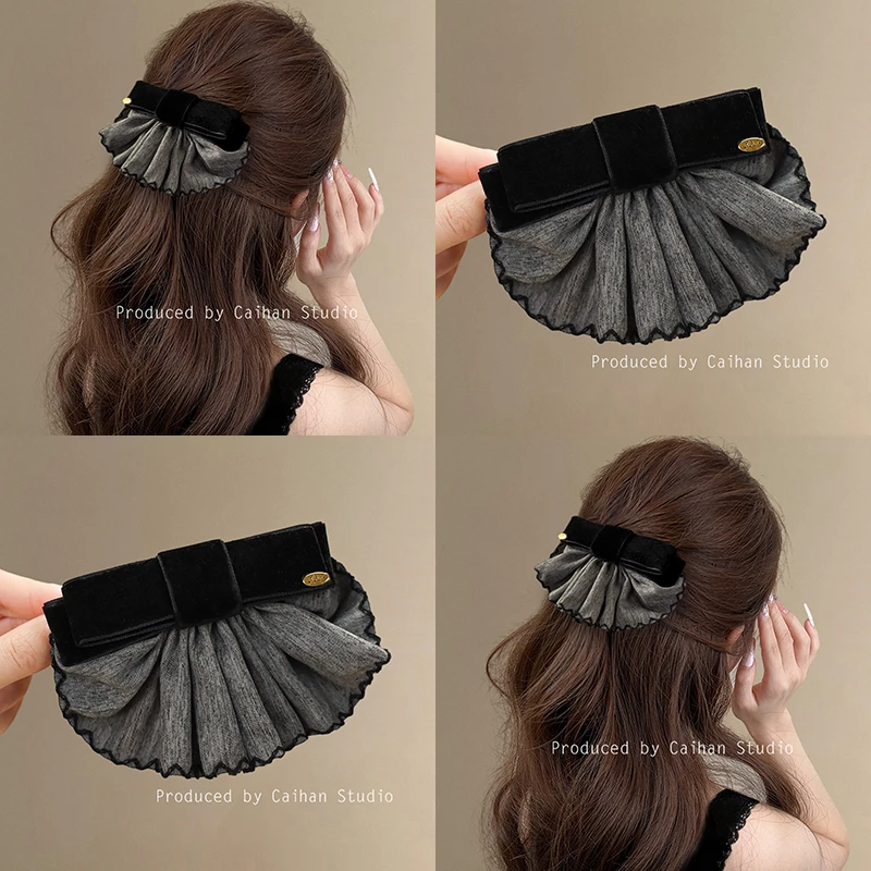 首尔暮色~气质丝绒蝴蝶结弹簧夹女秋冬高级感时尚裙摆发夹盘发器