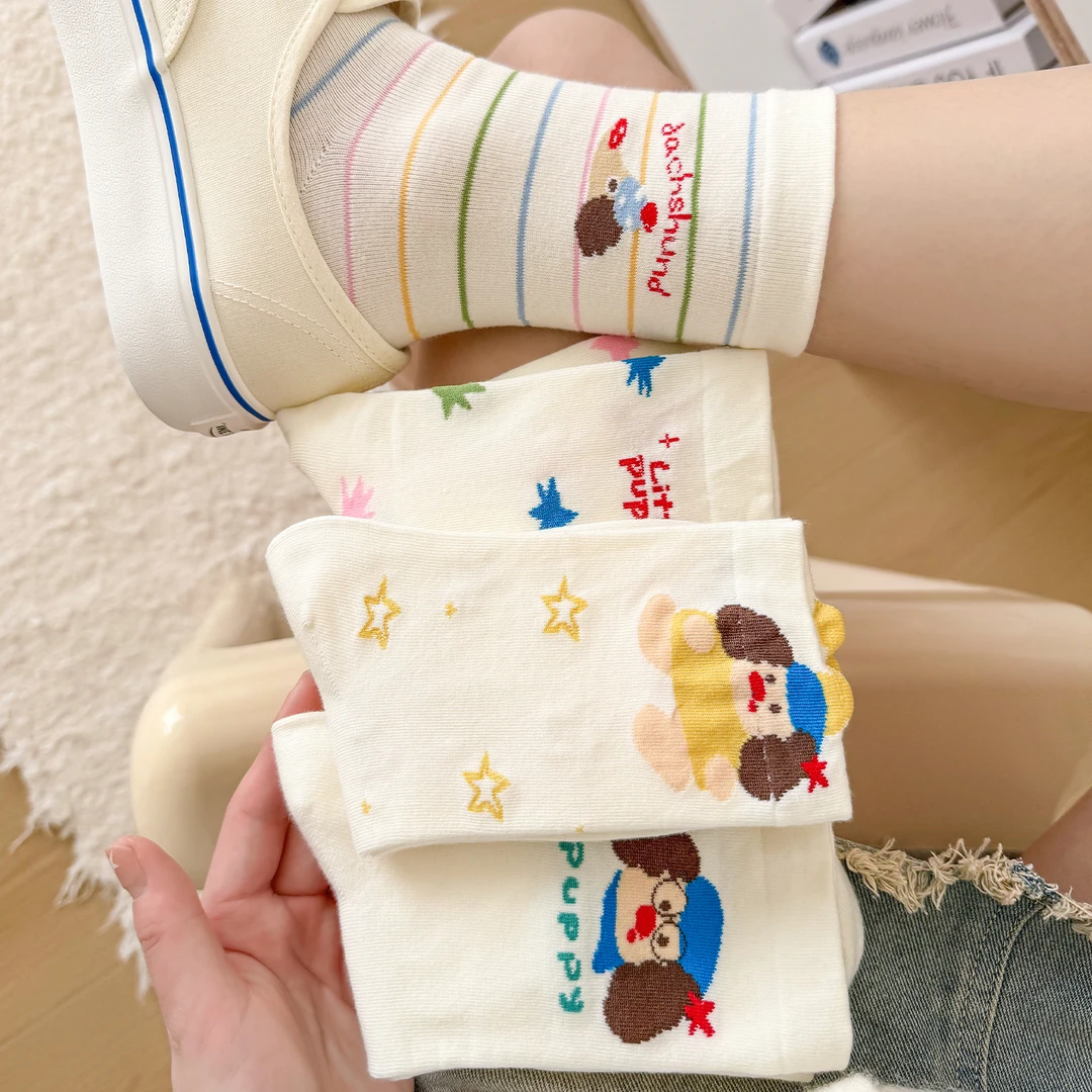 杭臻小狗袜子女中筒袜春夏款棉袜可爱卡通日系2025新款白色长筒袜