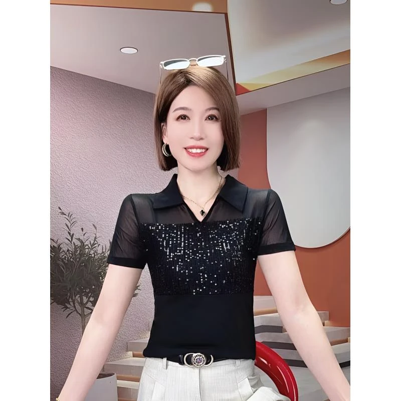 黑色POLO领网纱短袖T恤女夏季重工亮片短款上衣时尚微透修身小衫