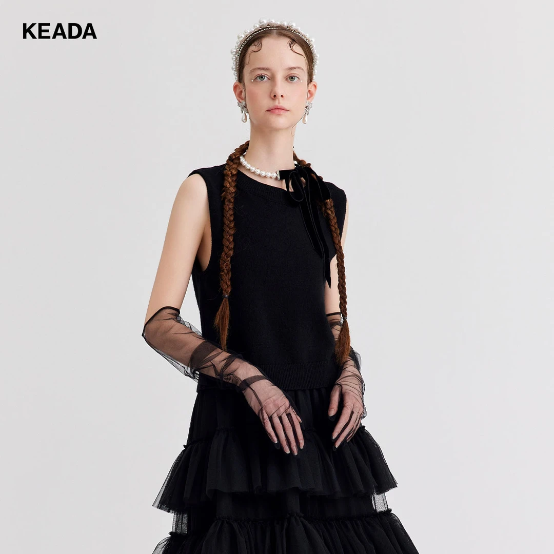 KEADA欧根纱荷叶边黑色针织背心女打底衫上衣KSN3SW4225