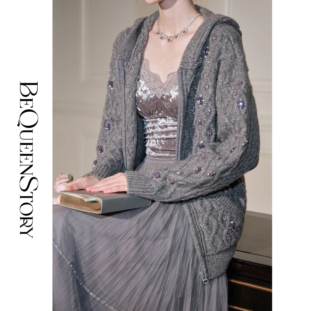 韩韩IU【紫晶回廊】重工钉珠含羊毛混纺时尚羊毛衫外套