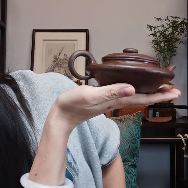 静***神紫砂茶壶虚扁壶半手工