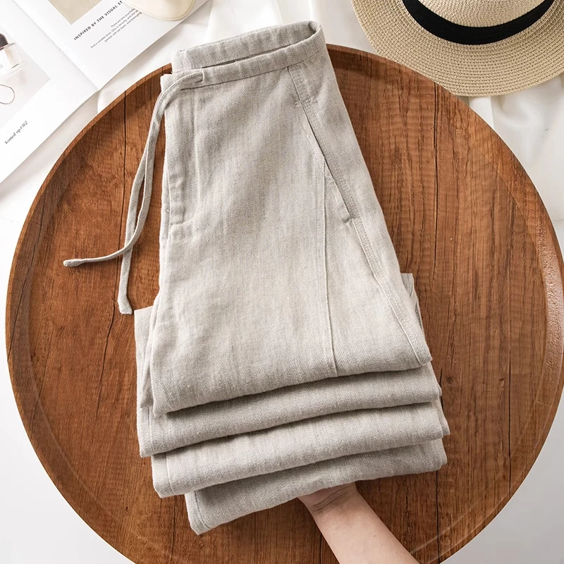 拉夏贝尔高级感休闲阔腿裤女2025夏季新款慵懒风垂坠感亚麻直筒裤