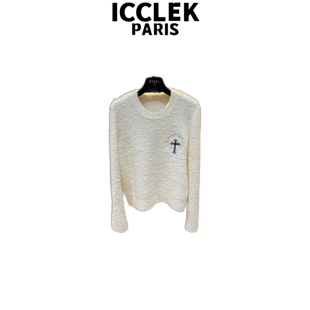 ICCLEK 秋冬名媛设计师款白色十字架圆领长袖套头百搭上衣 - 9260
