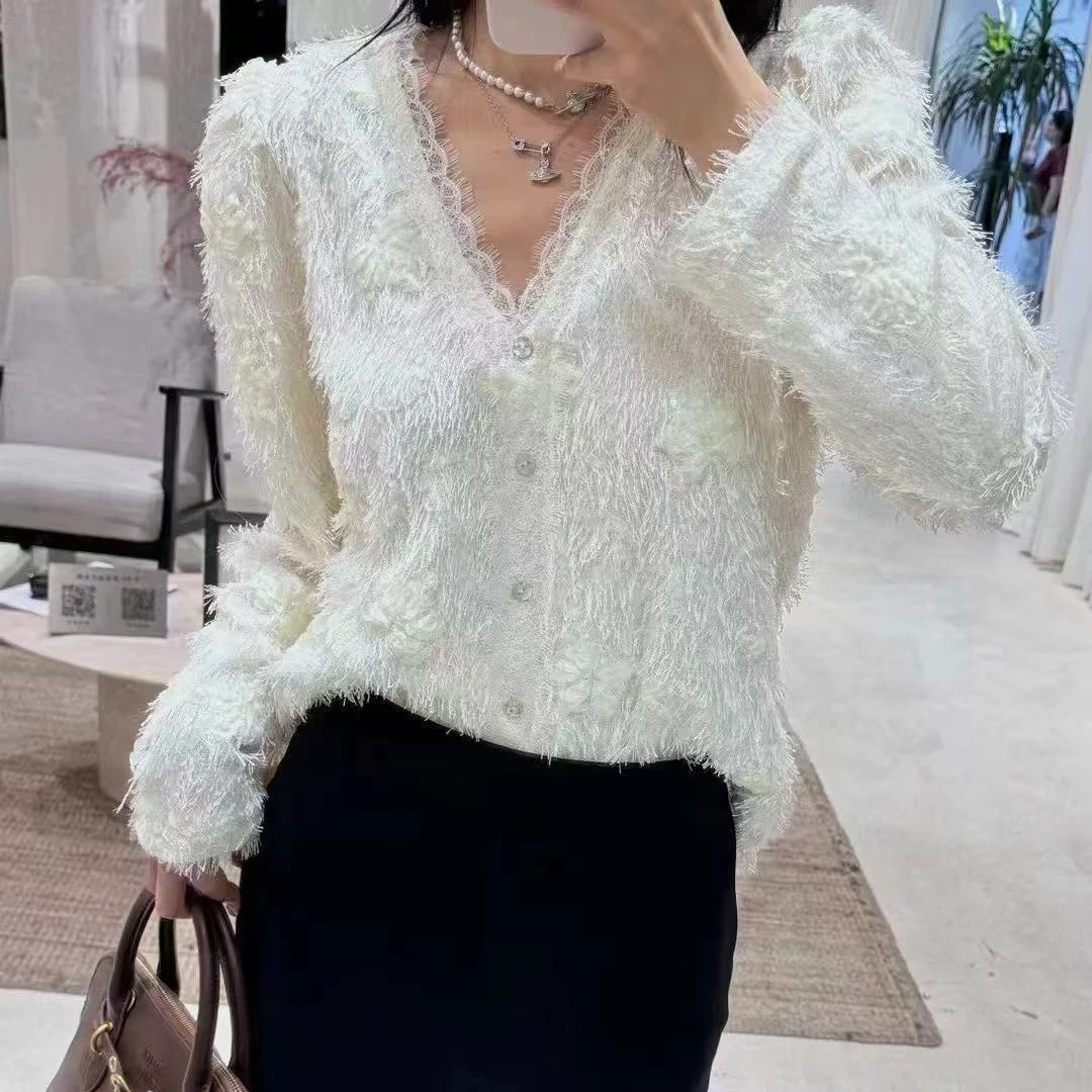 欧洲站新款V领重工亮片流苏立体花朵开衫