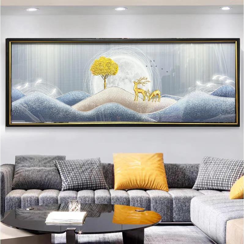Q99【山水九鱼】山水客厅轻奢沙发挂画钢化玻璃装裱鎏金画