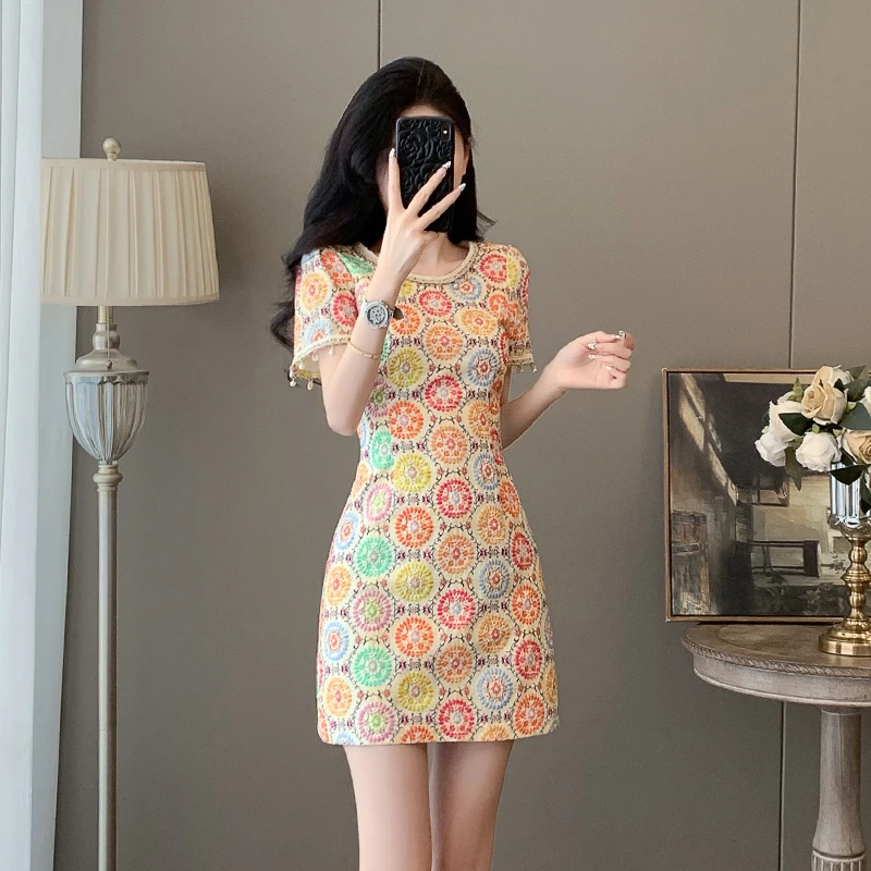 新款夏季法式小香风修身复古显瘦气质小个子短款碎花中国风连衣裙