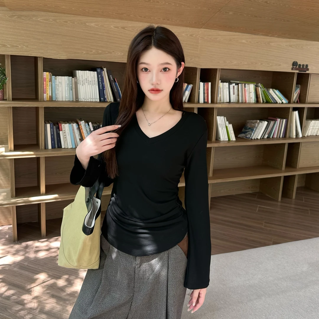 微胖mm秋季显瘦色韩系v领收腰修身抽褶长袖t恤
