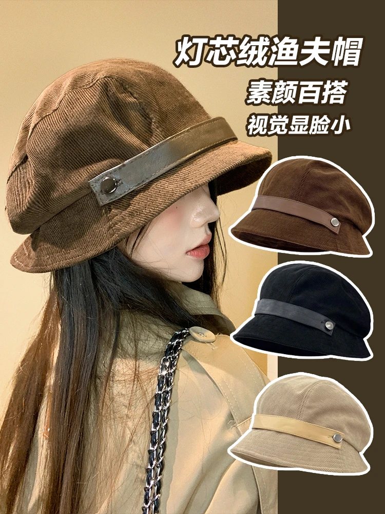 2025新款灯芯绒渔夫帽大头围堆堆帽贝雷帽三合一高级感大号大码女
