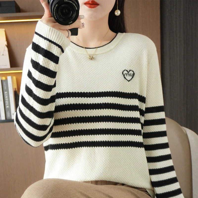 春秋心形纯棉线条纹针织衫女圆领宽松韩版毛衣洋气减龄高级感打底