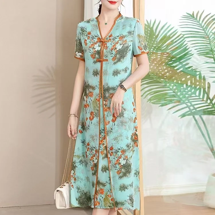 9702-夏季时尚休闲妈妈装遮肉显瘦气质显年轻连衣裙【新仓库】