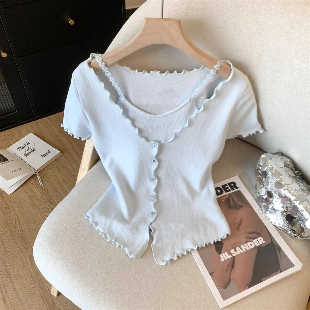 冰丝V领短袖针织衫女装夏季新款假两件不规则木耳边气质打底上衣