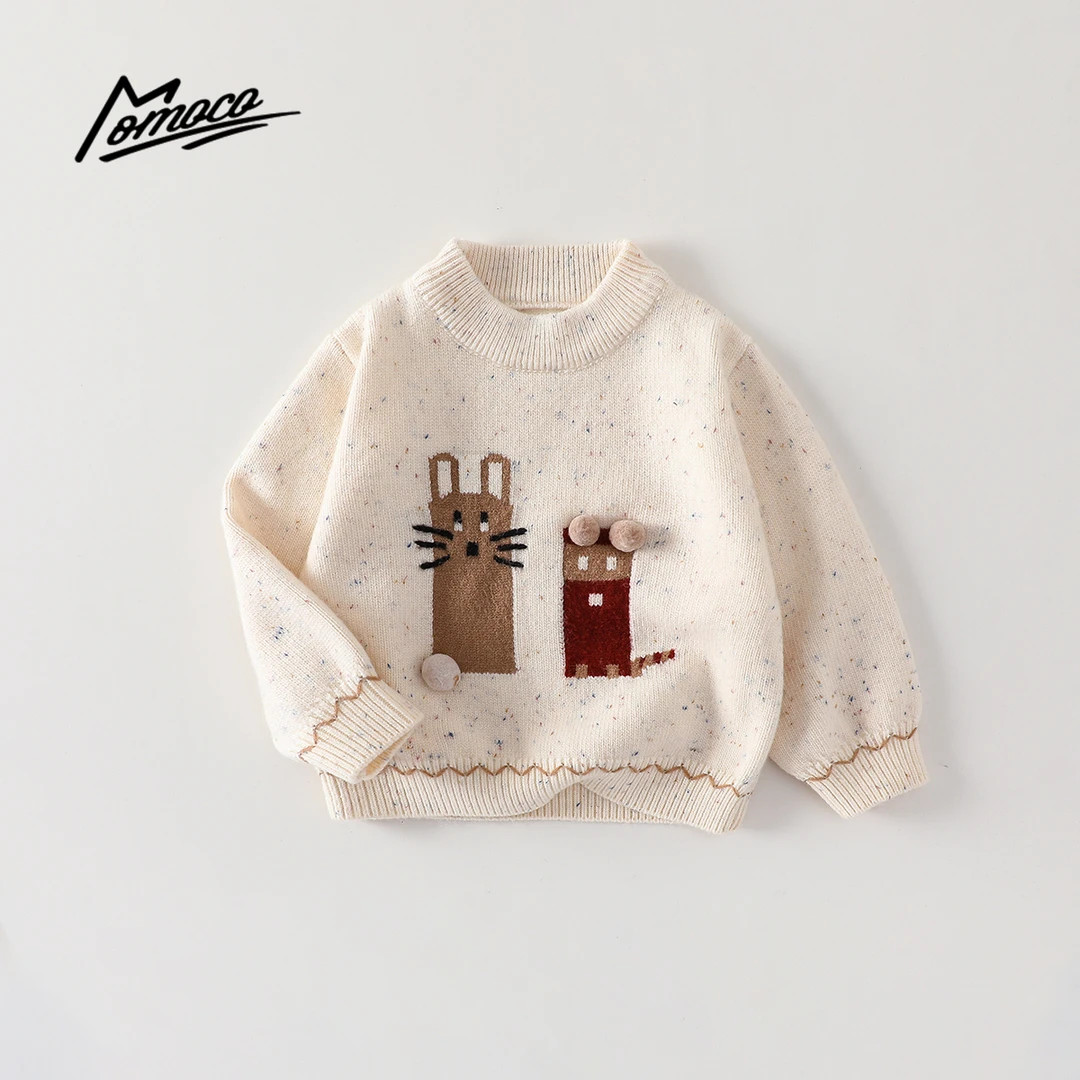 MOMOCO冬季新款男童百搭休闲小猫图案毛衣套头圆领77430230036