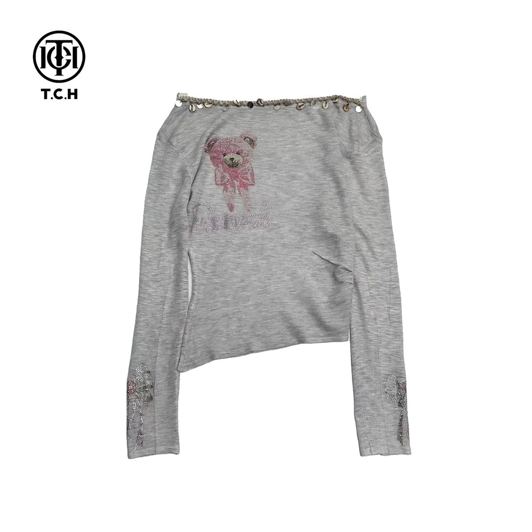 TCH烫钻工艺时尚淑女百搭新潮流针织衫女T75A09E5147轻奢tch