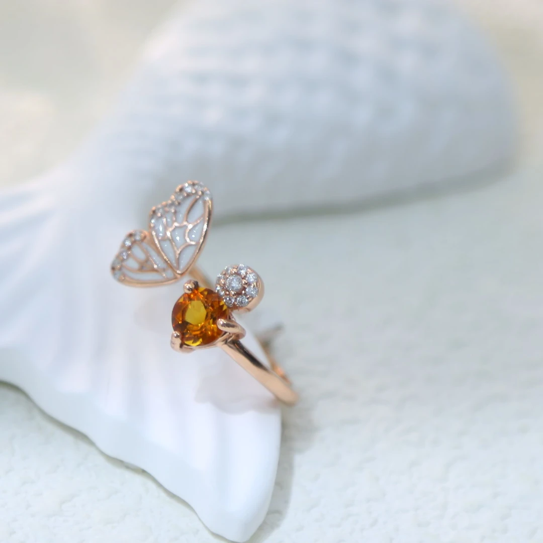 S925银镶天然彩宝蝴蝶款黄水晶开口戒指