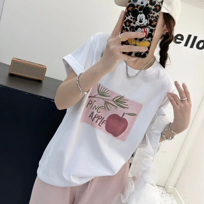油画风简约感夏款别致印染苹果短袖T恤正肩上衣显瘦冰瓷棉T 18112