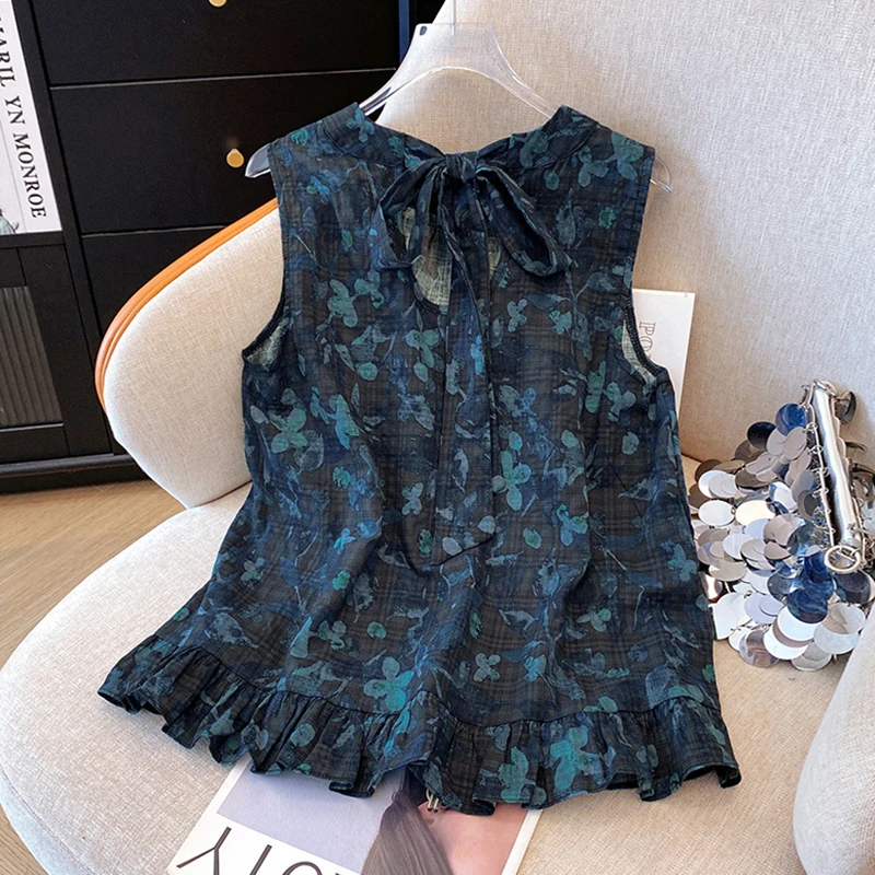 后背镂空系带压褶圆领背心衬衫女2025夏季设计感复古碎花无袖上衣