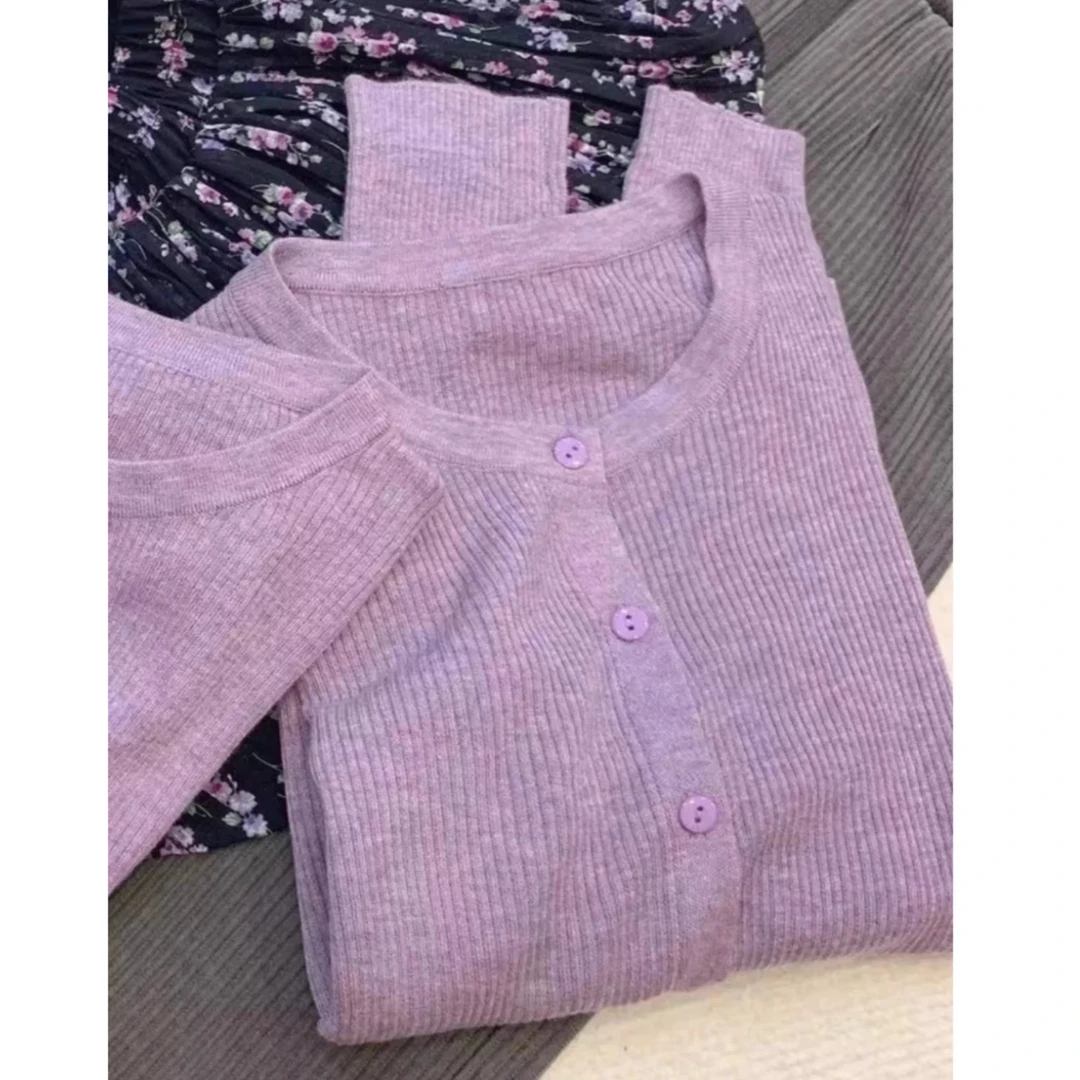 Q丽丽家~日落紫长袖时尚百搭打底薄款紫色圆领开衫221