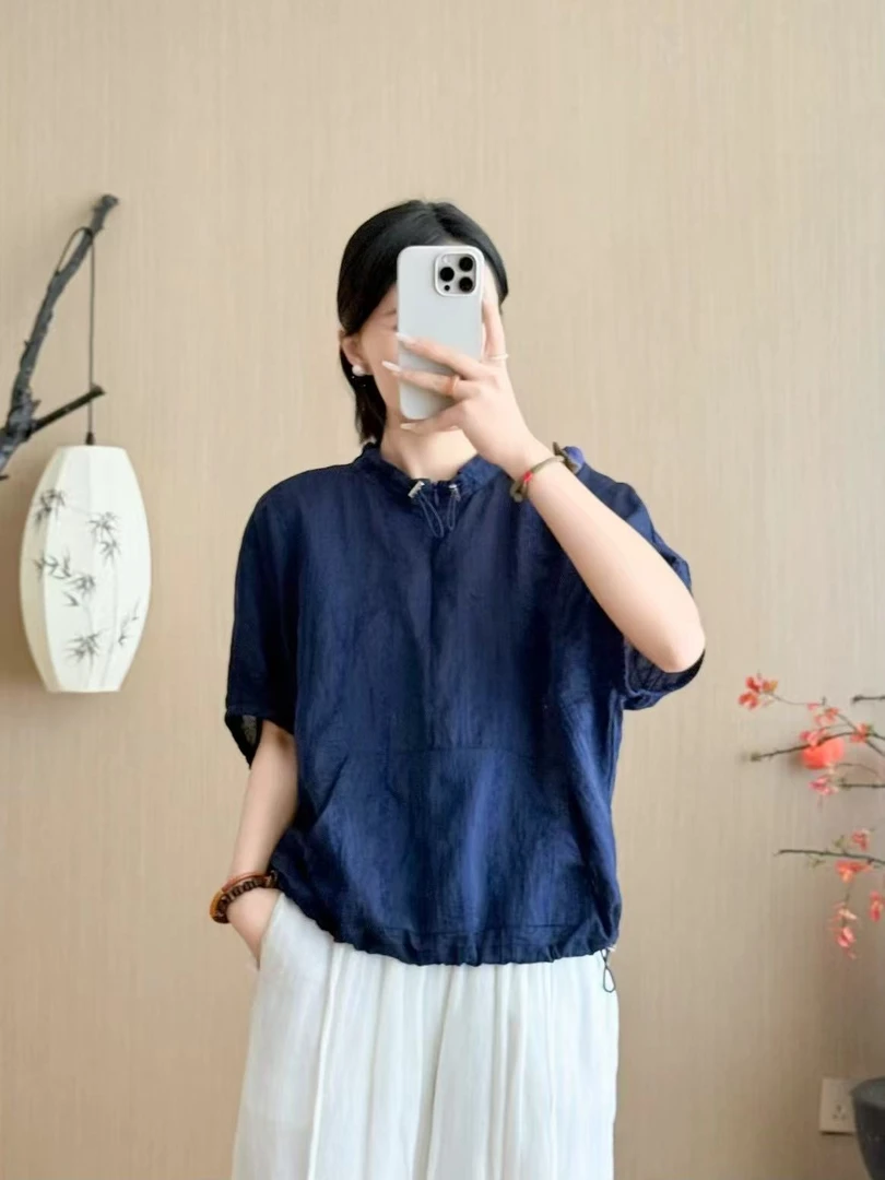 5501夏日新款纯色可收拉舒适圆领遮肉气质百搭休闲衬衫