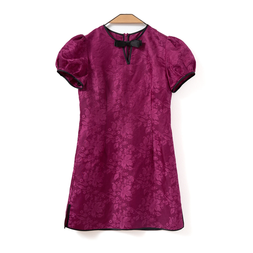 『绮翎Elegany 』媚儿真丝亚麻夏季新款休闲时尚百搭提花短袖裙子